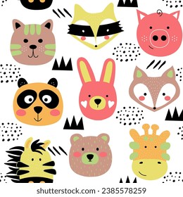 Cute cartoon animals seamless pattern in Scandinavian style. Childish animals texture for textile, fabric, wrapping. Hipster vector illustration print isolated on white background.