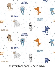 Patrón inconsútil de los animales lindos de la historieta con las estrellas azules y las frases Inspiradoras