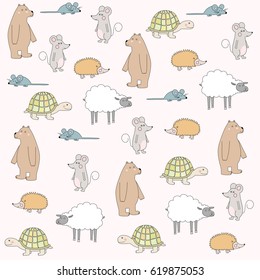 Cute cartoon animals seamless pattern over white.Bear, sheep, mouse, hedgehog, turtle. Vector illustration