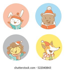 Cute cartoon animals set. Bear, fox, hare and hedgehog in clothes. Vector contour  image. Children's illustration. Winter time. Funny characters.