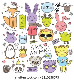 Cute cartoon animals set in doodle style vector illustration