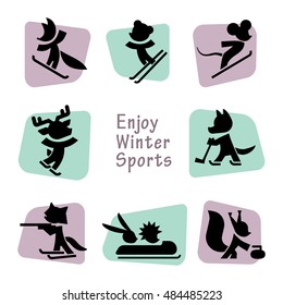Cute cartoon animals set. Funny fox, bear, mouse, wolf, squirrel, hedgehog, hare, raccoon, deer. Winter sport icon. Skiing, snowboarding, hockey, figure skating, bobsled, curling