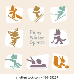 Cute cartoon animals set. Funny fox, bear, mouse, wolf, squirrel, hedgehog, hare, raccoon, deer. Winter sport icon. Skiing, snowboarding, hockey, figure skating, bobsled, curling