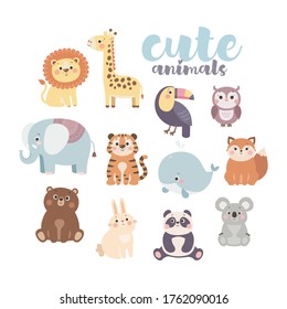 Cute cartoon animals set. Lion, giraffe, owl, elephant, tiger, whale, fox, bear, rabbit, panda, koala, toucan. Vector illustration