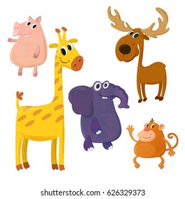 Cute cartoon animals set. Pig, moose, giraffe, elephant, monkey. Vector image.