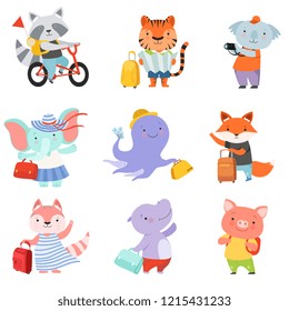 Cute cartoon animals set, raccoon, tiger, coala, elephant, octopus, fox, cat, mouse, piglet travelling on summer vacation vector Illustration on a white background