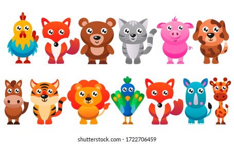 Cute cartoon animals set. Vector illustration.