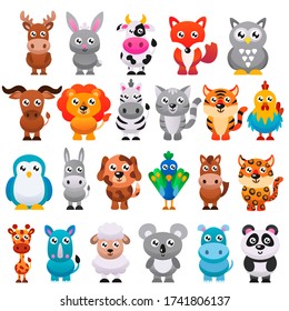 Cute cartoon animals set. Vector illustration.