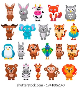 Cute cartoon animals set. Vector illustration.