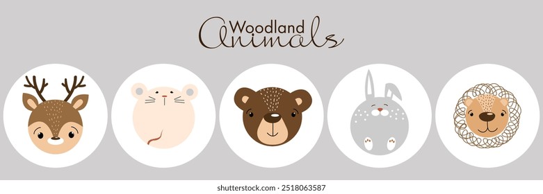 Cute cartoon animals set of animals vector. Woodland animal illustration of bear, mouse, deer, rabbit, lion.