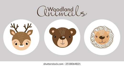 Animais de desenho animado bonito conjunto de animais vetor. Ilustração de urso, veado, leão.