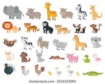 Cute cartoon animals set. Vector illustration in flat style isolated. Printable templates