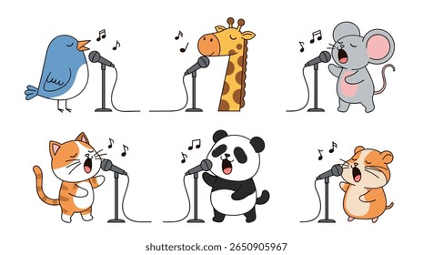 Animais de desenhos animados bonitos cantando juntos no palco com microfones para uma performance divertida