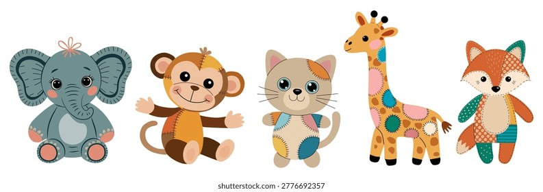 Cute cartoon animals sit together in a friendly group. Each character has soft, stitched textures and pastel colors. Elephant, monkey, cat, giraffe, and fox all smile warmly. Patchwork style soft toys