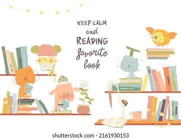 Cute Cartoon Animals sitting on Stacks and reading Books