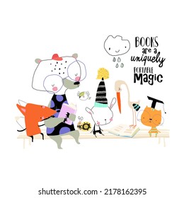 Cute Cartoon Animals sitting on Bench and reading Books
