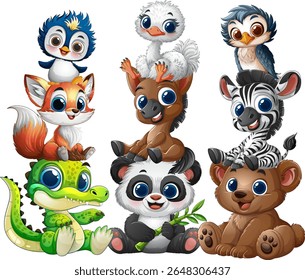Cute cartoon animals sitting together in harmony