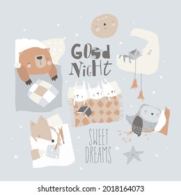 Cute Cartoon Animals sleeping in Beds. Sweet Dreams