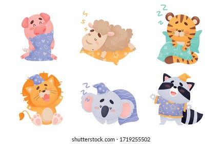 Cute Cartoon Animals Sleeping on Pillow and Yawning Vector Set