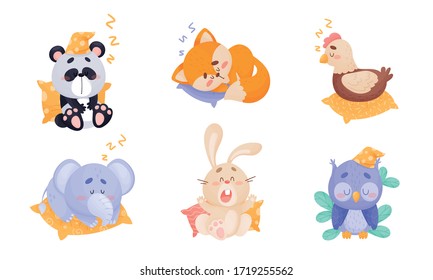 Cute Cartoon Animals Sleeping on Pillow and Yawning Vector Set