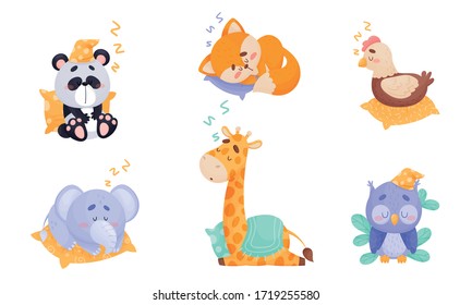 Cute Cartoon Animals Sleeping on Pillow and Yawning Vector Set