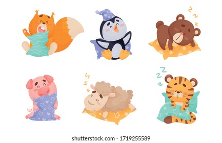 Cute Cartoon Animals Sleeping on Pillow and Yawning Vector Set