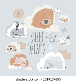 Cute cartoon animals sleeping on clouds. Sweet dreams
