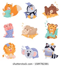 Cute Cartoon Animals Sleeping and Yawning Vector Set