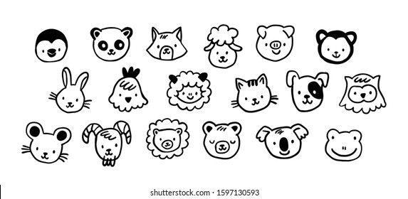 Cute cartoon animals smiling faces on white: penguin, panda, fox, sheep, pig, monkey, rabbit, chicken, cat, dog, owl, mouse, bear, lion, koala, frog. Farm animals, zoo animals, wood animals outline