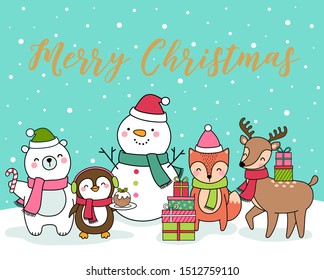 Cute cartoon animals and snowman illustration with snow background for christmas greeting card.