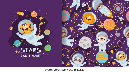 Cute cartoon animals in space, pajamas print and pattern design. Astronauts in space suits flying in universe. Tiger, lion and dog, panda and raccoon exploring galaxy with planets and stars vector