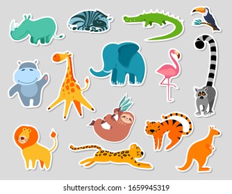 Cute cartoon animals stickers. Set of wild characters. Flat vector illustration.