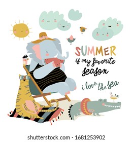 Cute cartoon animals sunbathing on beach. Hello summer