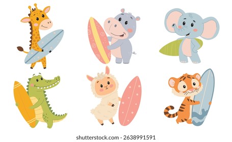 Cute cartoon animals with surfboards. Elephant, hippopotamus, giraffe, crocodile, hippo, alpaca, tiger.  Vector illustration in a simple child style isolated on a white background