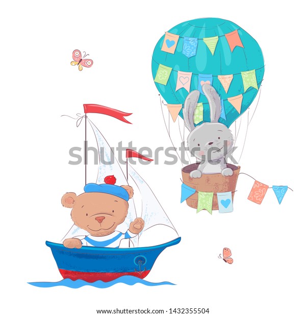 Cute cartoon animals transport vehicle ship and\
balloon. Vector