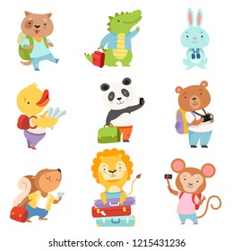 Cute cartoon animals traveling on summer vacation set, dog, crocodile, bunny, duckling, panda, bear, squirrel, lion, monkey with suitcases vector Illustration