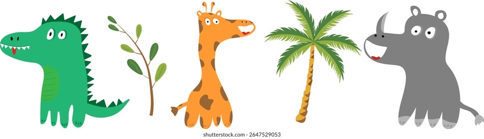 Cute cartoon animals and tropical plants in flat style, isolated on white background, playful illustration for children