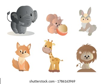 Cute Cartoon Animals Vector illustration for Nursery poster, t-shirt, kids apparel. wildlife animals set including elephant, squirrel, bunny, rabbit, wolf, fox, lion, giraffe