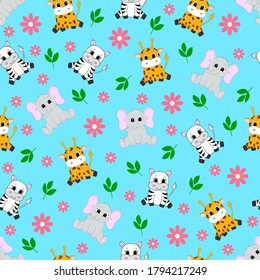 Cute cartoon animals. Vector illustration for children. Seamless pattern.