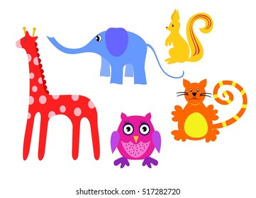 Cute Cartoon Animals vector set. Cartoon Animals in flat style vector illustration. Set of cute animals giraffe, elephant,squirrel, owl, cat. Isolated.