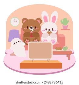 Cute Cartoon Animals Watching TV. Kawaii Bear, Bunny, and Ghost Relaxing with Snacks. Adorable Characters Enjoying TV Time Together