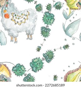 Cute cartoon animals watercolor pattern seamless pattern in scandinavian style. Hand painted watercolor lama character, tropical florals background. Nursery art illustration for child vector.