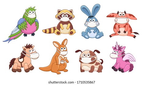 Cute cartoon animals wearing medicine mask vector illustration isolated on white background. Adorable baby animals in protection.