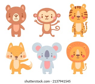 Cute cartoon animals. Wild adorable characters with smiling faces. Cartoon cute bear, monkey, tiger, fox, koala and lion. Lovely mammals standing isolated. Jungle zoo fauna vector set