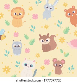 cute cartoon animals wild little lion squirrel bear raccoon cat flowers foliage background vector illustration