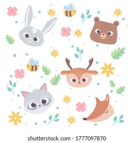 cute cartoon animals wild little faces rabbit bear deer fox and raccoon flowers bee background vector illustration