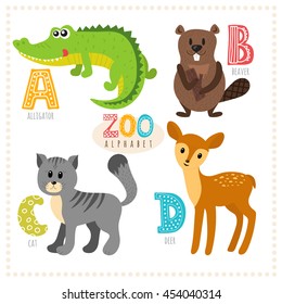 Cute cartoon animals. Zoo alphabet with funny animals. A, b, c, d letters. Alligator, beaver, cat, deer. Vector illustration