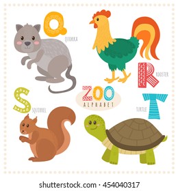 Cute cartoon animals. Zoo alphabet with funny animals. Q, r, s, t letters. Quokka, rooster, squirrel, turtle. Vector illustration