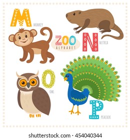 Cute cartoon animals. Zoo alphabet with funny animals. M, n, o, p letters. Monkey, nutria, owl, peacock. Vector illustration