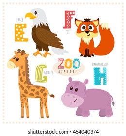 Cute cartoon animals. Zoo alphabet with funny animals. E, f, g, h letters. Eagle, fox, giraffe, hippopotamus. Vector illustration